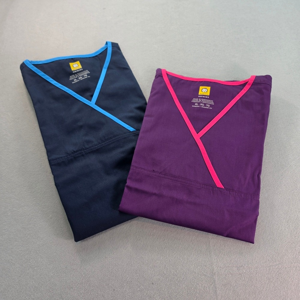 WonderWink Origins Scrub Tops Lot of 2 Womens XL Modern Fit Navy Purple Medical